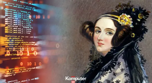 Ada Lovelace, pierwsza programistka, w otoczeniu kodu komputerowego.