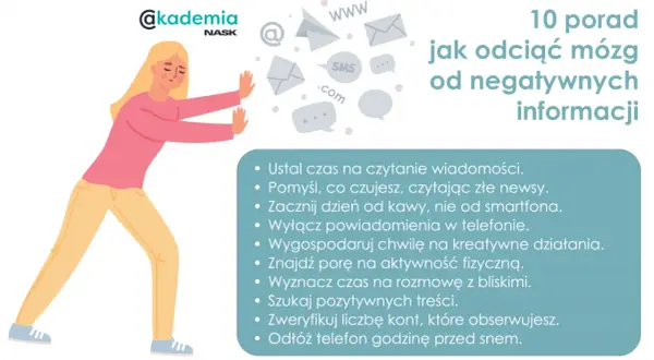 Kobieta walczy z natłokiem negatywnych informacji, symbolizując walkę z doom scrollingiem. Porady jak odciąć mózg od złych wiadomości.