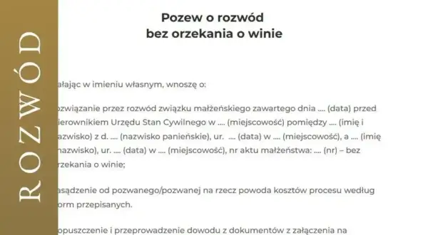 Pozew o rozwód bez orzekania o winie. Dokument zawiera dane dotyczące zawarcia związku małżeńskiego i wnioski o rozwiązanie go.