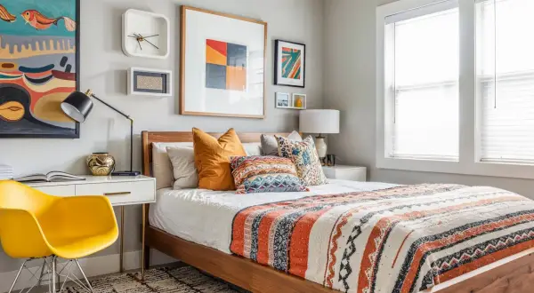 Vibrant teenager room ideas featuring a colorful patterned throw, abstract art, and a bright yellow chair.
