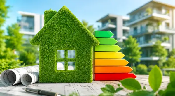 Casa in erba con scala energetica, simbolo della **direttiva case green**. Progetti e penna in primo piano, edifici moderni sullo sfondo.
