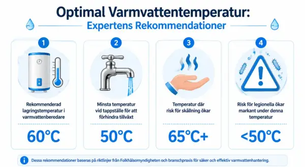 Grafik visar optimala temperaturer för varmvattenberedare. En blandningsventil kan hjälpa till att uppnå rätt temperatur.