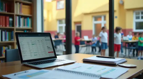Laptop z danymi finansowymi na biurku, w tle plac zabaw z dziećmi. Zastanawiasz się, ile zarabia pomoc nauczyciela w przedszkolu?
