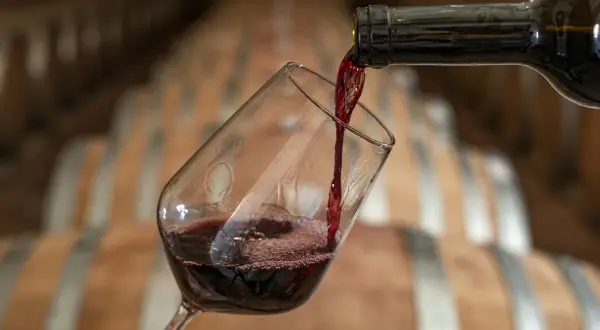Versando vino rosso in un calice, con botti di legno sullo sfondo. Un calice di vino quanti ml? La risposta è nella degustazione.