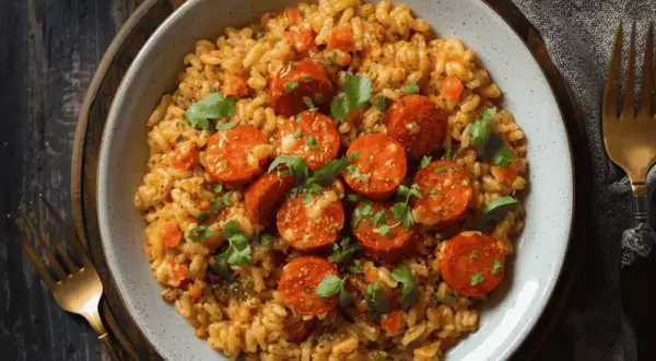 Un délicieux risotto chorizo, garni de persil frais, prêt à être dégusté.