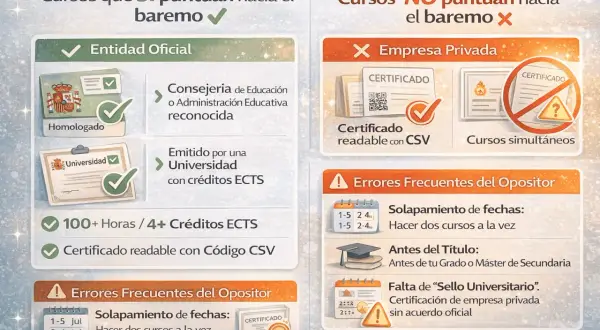 Cursos homologados por entidades oficiales puntúan para el baremo. Los de empresa privada no. Evita solapamientos y asegúrate de que el sello sea universitario.