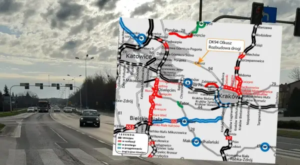 Mapa drogowa z zaznaczoną rozbudową DK94 Olkusz. W tle droga krajowa z samochodami i sygnalizacją świetlną.