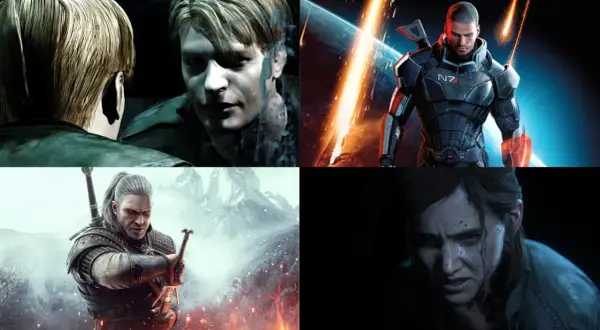 Cztery sceny z gier komputerowych: James Sunderland z Silent Hill 2, Commander Shepard z Mass Effect, Geralt z Wiedźmina 3 i Ellie z The Last of Us Part II.