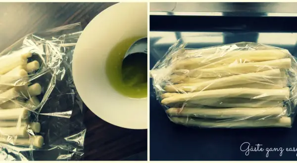 Frischer weißer Spargel im Bratschlauch, bereit für die Zubereitung. Daneben eine Schüssel mit grüner Flüssigkeit, vielleicht Butter oder Öl.