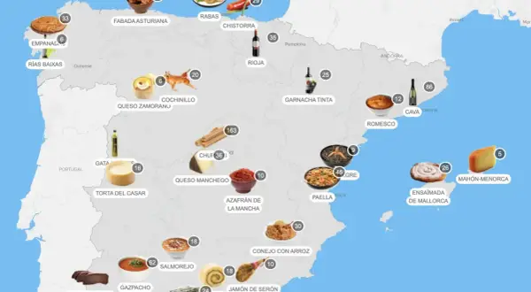 Mapa de España con íconos de comida y bebida que representan los países con mejor gastronomía: empanadas, fabada, cochinillo, quesos, churros, paella, jamón y más.