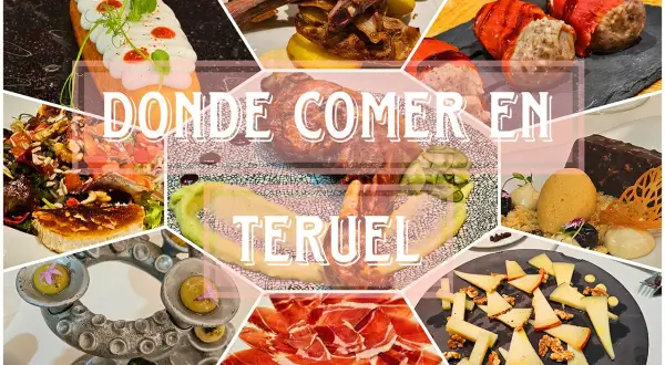 Collage de platos exquisitos, ideal para descubrir los mejores restaurantes Teruel. Jamón, cordero, postres y más.