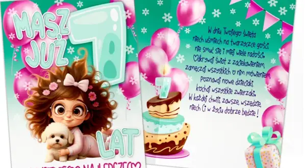 Urocze życzenia urodzinowe dla siedmiolatka: dziewczynka z pieskiem, tort z cyfrą 7, balony i wesoły napis "Masz już 7 lat!".
