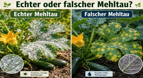 Zucchini-Blätter: Echter Mehltau zeigt weißen Belag, falscher Mehltau gelbe Flecken. Unterscheidung hilft bei der Bekämpfung.