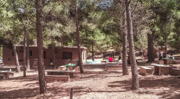 Un día de campo en Enix, con mesas de piedra y gente disfrutando del bosque. ¡Mucho que ver y hacer!