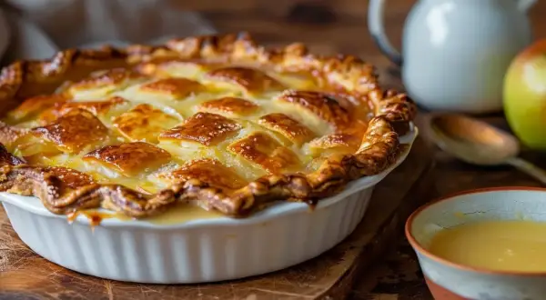 En gyllene äppelpaj med rutmönster på toppen, redo att serveras med vaniljsås. Ett perfekt marsansås recept för hembakad njutning.