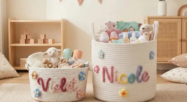 Dwa plecione kosze na zabawki, jeden z napisem "Violet", drugi z imieniem "Nicole", ozdobione kolorowymi kwiatkami i wypełnione pluszakami i akcesoriami dla dzieci.