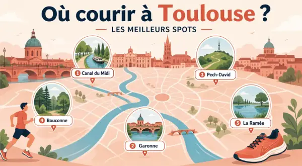 Carte des meilleurs spots pour courir à Toulouse : Canal du Midi, Garonne, Pech-David, Bouconne, La Ramée.
