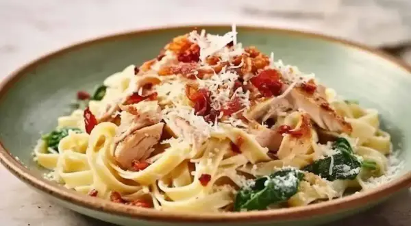 Pyszny makaron ze szpinakiem i kurczakiem w sosie śmietanowym, posypany parmezanem i chrupiącym boczkiem.