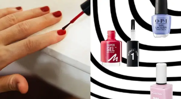 Dłoń maluje paznokcie na czerwono. Obok buteleczki lakierów: Manhattan Super Gel, OPI, Inglot Playinn – szukaj lakieru do paznokci trwałego jak hybryda.