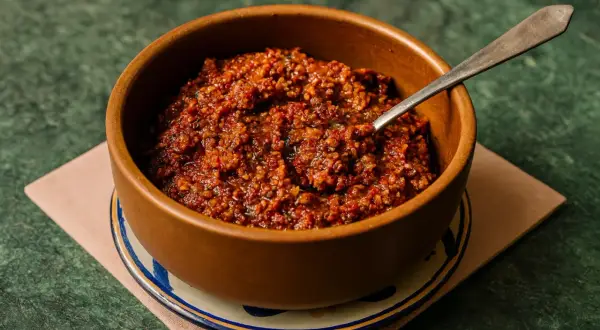 Schüssel mit rustikalem Pesto Rosso, bereit zum Servieren.