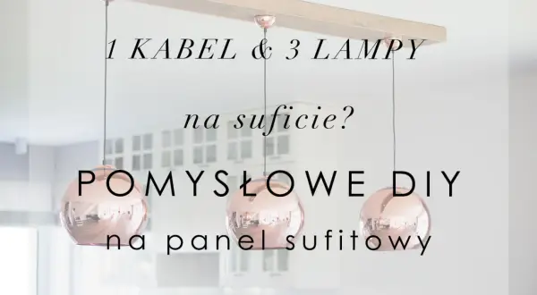 Elegancki żyrandol 3 żarówki z miedzianymi kloszami, zawieszony na drewnianej belce. Pomysł na oświetlenie DIY.