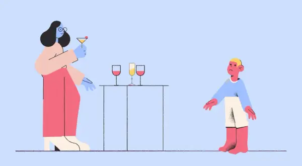 Kobieta z drinkiem i chłopiec z miną "dda co to?". Dwa światy, jedna przestrzeń.