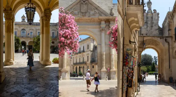 En vacker triptyk av Lecce, Italien. En kvinna går genom en arkad, ett par håller hand under en valv med rosa blommor, och en smal gränd med souvenirer.