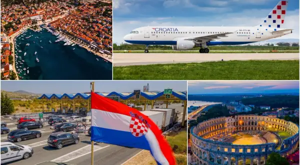 Chorwacja samolotem: widok na miasto z portem, samolot Croatia Airlines, autostrada z bramkami i flaga, amfiteatr w Puli.
