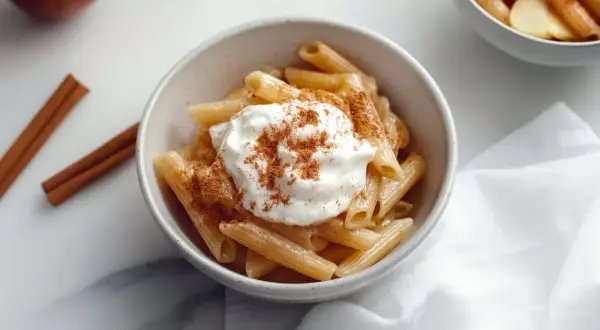 Penne makaron z jabłkami, polany śmietaną i posypany cynamonem. Aromatyczny deser, który zachwyca smakiem.