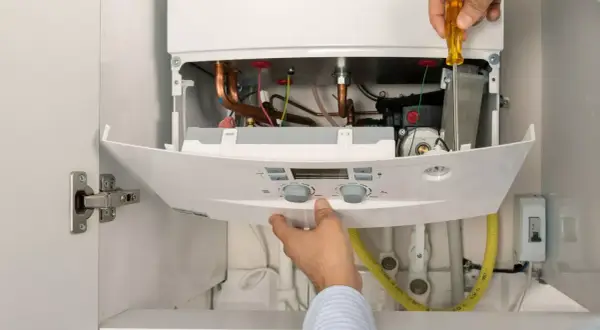 Instalador ajusta caldera de gas natural. Aprovecha el plan renove calderas gas natural Castilla y León para modernizar tu hogar.