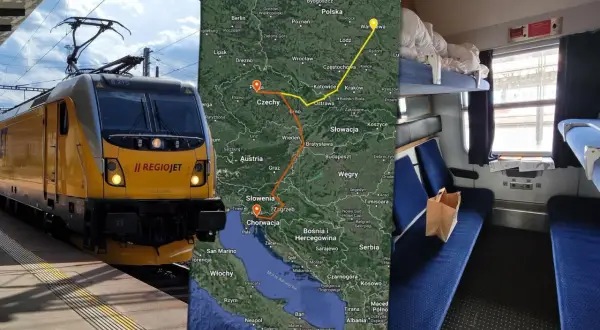 Żółty pociąg RegioJet na torach, mapa Europy z trasą do Chorwacji i wnętrze wagonu sypialnego. Pociąg do Chorwacji czeka!