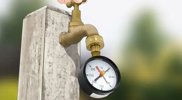 Mano girando la llave de un grifo de latón conectado a un manómetro que mide la presión en el agua.