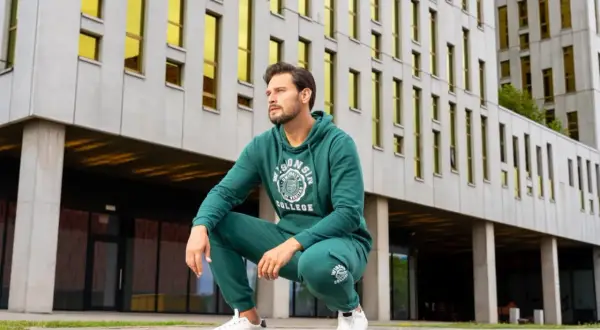 Mężczyzna w dresie butelkowa zieleń z nadrukiem "College" kuca przed nowoczesnym budynkiem z żółtymi oknami.