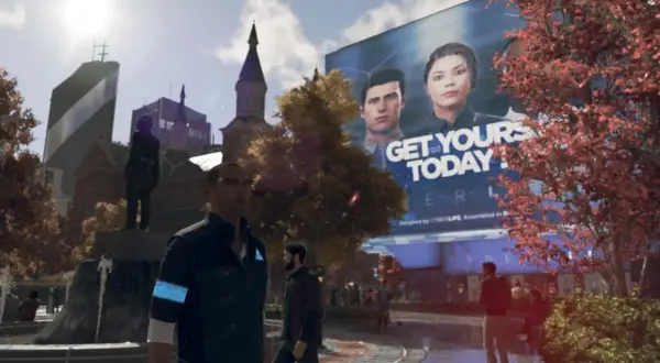 Connor z Detroit: Become Human patrzy na billboard z hasłem "GET YOURS TODAY!". Ile godzin gry przed nim?