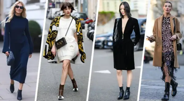 Moda di strada con donne che indossano abiti eleganti e **tronchetti bassi** di vari stili e colori.