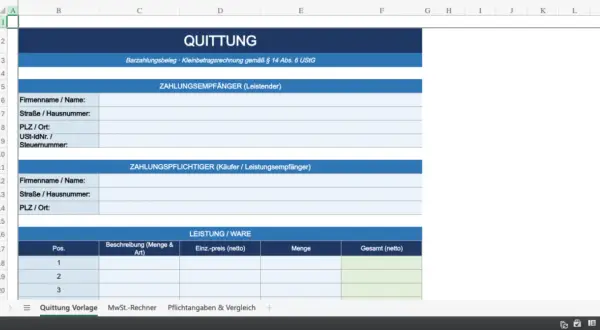 Vorlage für eine Quittung. Hier siehst du, wie man eine Quittung schreibt, mit Feldern für Empfänger, Zahler und Leistungen.