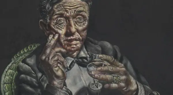 A haunting portrait by Ivan Albright of an aged man with deeply lined skin, holding a glass and resting his chin on his hand.