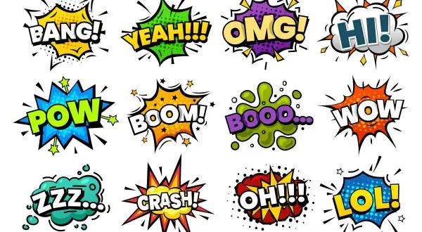 Kolorowe dymki z napisami onomatopeicznymi: BANG!, YEAH!, OMG!, HI!, POW!, BOOM!, BOOO..., WOW!, ZZZ..., CRASH!, OH!!!, LOL!