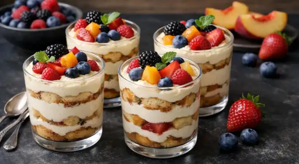 Quatre verrines de tiramisu aux fruits rouges et pêches, un dessert d'été facile et coloré.
