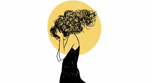 Una figura stilizzata con capelli aggrovigliati, che copre il viso, immersa nelle **fasi di chi lascia**.