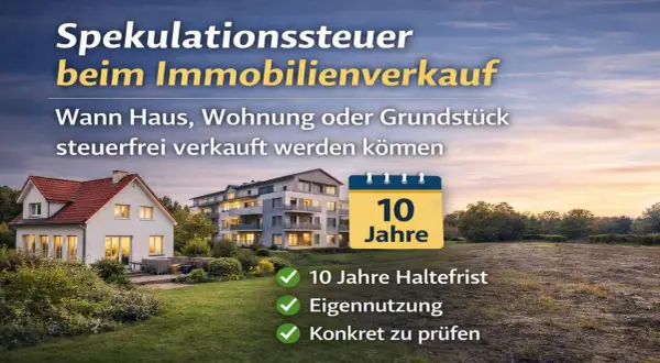 Spekulationssteuer beim Immobilienverkauf: Wann Haus, Wohnung oder Grundstück steuerfrei verkauft werden können. 10 Jahre Haltefrist und Eigennutzung sind entscheidend.