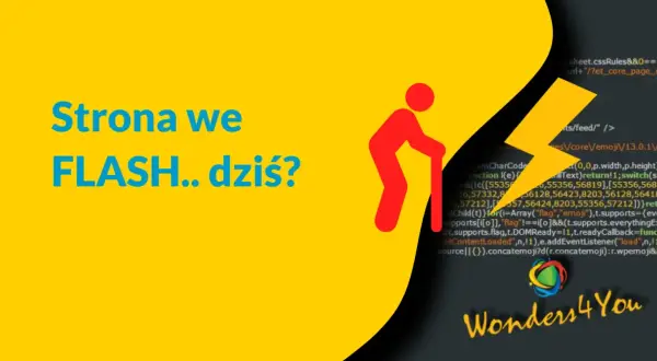 Strona we FLASH.. dziś? z ikoną staruszka i błyskawicą, sugerująca koniec ery flash animation.