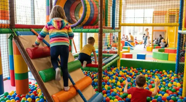 Kolorowa bawialnia dla dzieci z basenem pełnym piłeczek. Dzieci wspinają się po zjeżdżalni i bawią się w kuleczkach.