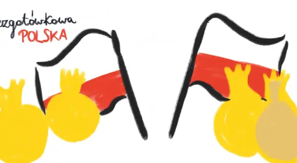 Dwie polskie flagi z żółtymi symbolami przypominającymi sakiewki lub korony.