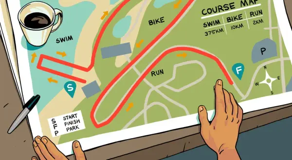 Course map showing swim, bike, and run routes. Distances are listed: 375km swim, 10km bike, 2km run, hinting at ultra Ironman distances.