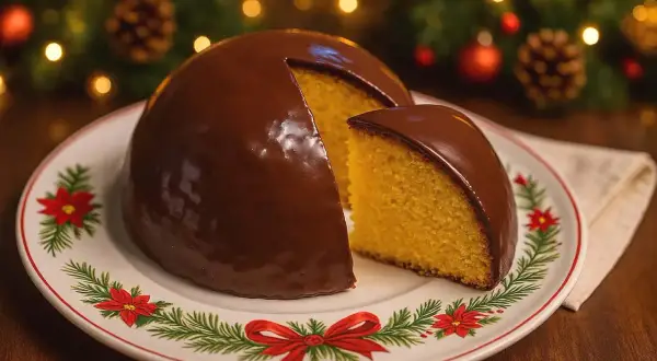 Un delizioso parrozzo abruzzese, ricoperto di cioccolato lucido, su un piatto decorato per le feste.