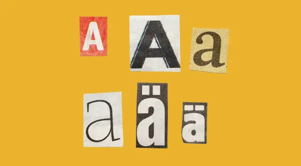 Collage of cut-out letters "A" and "a" in various fonts and colors, exploring font psychology.
