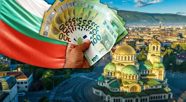 Bułgarska flaga i ręka trzymająca euro banknoty nad cerkwią Aleksandra Newskiego w Sofii. Symbolizuje to walutę Bułgarii.