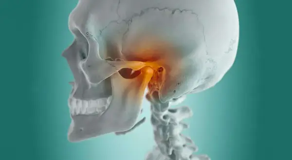 Dettaglio anatomico del cranio e delle vertebre cervicali, con enfasi sull'articolazione temporo-mandibolare (ATM) evidenziata in arancione, suggerendo i sintomi di un disturbo.