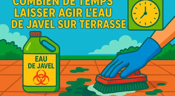Une main gantée frotte une terrasse avec une brosse. Une bouteille d'eau de Javel et une horloge sont visibles. Combien de temps laisser agir eau de javel sur terrasse ?